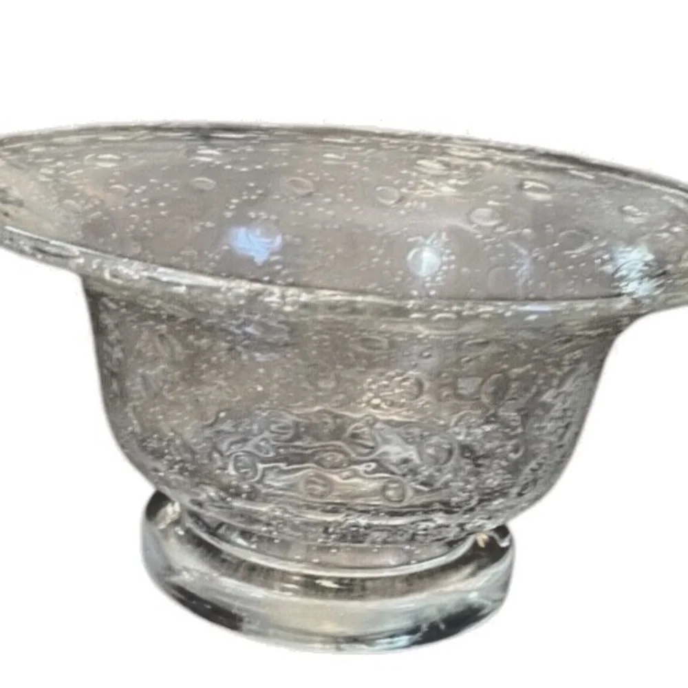 Vintage Hand Blown Footed Clear Art Glass Bowl Dish With Large Air‎ Bubbles